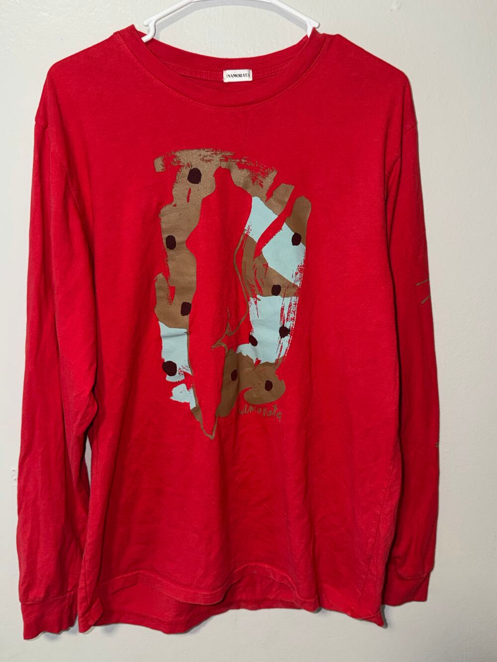 Inamorata Red Long Sleeve Top Abstract Graphic Crew Neck Ribbed Cuffs